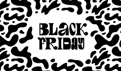 Poster - Black Friday Sale Banner Design. Hand Drawn Y2K Text on White Background with Black Shapes Splashes. Vector Advertising Illustration