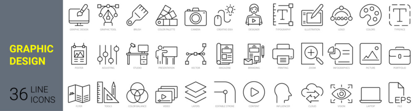 set of 36 line web icons graphic design. development. creative process. Editable stroke. Vector illustration