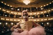 Old man dancing ballet in a theater. He is smiling and looking at the camera.