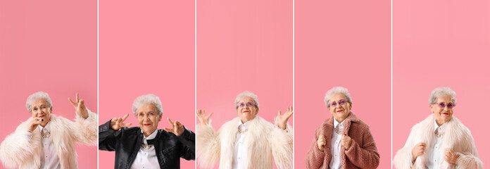 Canvas Print - Collage of stylish senior woman on pink background