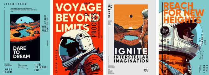 space. astronaut. set of vector posters. typography design and vectorized illustrations on the backg