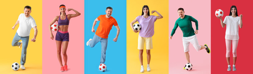 Poster - Set of people with soccer balls on color background