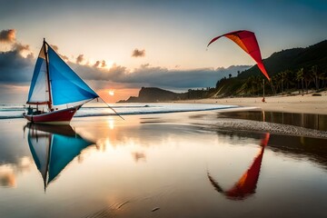 Canvas Print - rainbow over water with kites