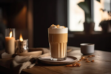 Wall Mural - a cup of coffee on a wooden table with candles and napkins in the background photo is taken from above