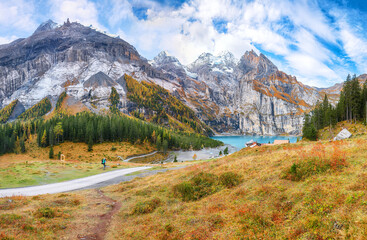 Wall Mural - fabulous autumn view of oeschinensee lake.