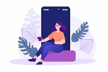 Wall Mural - Smiling woman on giant cellphone with mockup screen. Female client holding smartphone with blank display. Advertising