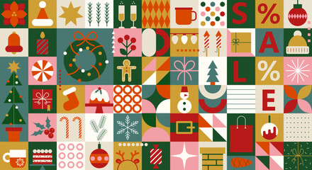 christmas symbols. merry christmas. christmas abstract geometric background with simple shapes, sant