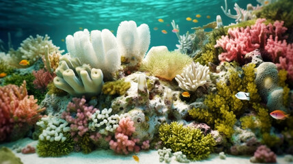 Wall Mural - Coral reef showing clear signs of bleaching. The negative impact of changing the pH of ocean water on its health and color. The concept of environmental damage and climate change