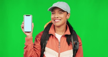 Wall Mural - Student woman, phone and green screen with face, smile and nod in agreement, review and mockup space. Girl, blank smartphone and mock up for logo, branding or ux for mobile app, backpack and travel