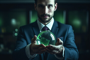 Wall Mural - Green Energy, ESG, Renewable and Sustainable Resources. Environmental and Ecology Care Concept. Close up of Hand Holding glass globe. High quality photo