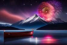 Holiday Fireworks On Day Of Canada Over The River With Snowy Mountain With Rainbow Independence Day 1th July Concept Created With Generative Ai