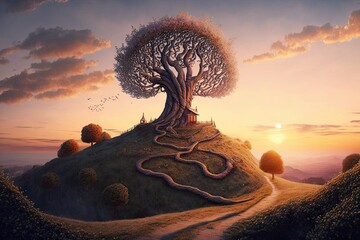 Wall Mural - Surreal giant tree on top of a hill detailed path up the hill. Generative AI AIG15.