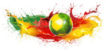 Soccer In Colorful Water Splashes, On White Background. Abstract White Background With Colored Floating Liquids And Realistic Soccer With Colors Of Portuguese Flag. Generative AI