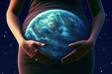 Pregnant woman with a globe instead of a belly. The concept of a sustainable future