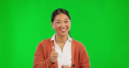 Sticker - Asian woman, applause and thumbs up for good job on green screen in celebration against a studio background. Portrait of happy female person clapping, like emoji or yes sign for success on mockup