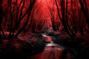 Fototapeta terrible red halloween forest with river among black trees. generated ai.