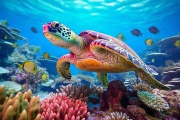Wall Mural - Beautiful turtle under sea water. AI generated, human enhanced.