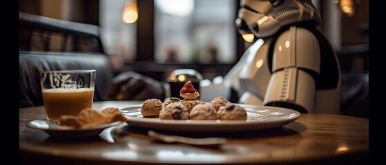 food on a table with a star wars robot in the background and a glass of orange juice next to it