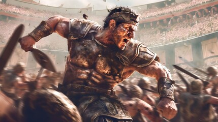 Wall Mural - a fierce gladiator attacking. An armoured roman gladiator in combat wielding a sword charging towards his enemy. Ancient Rome gladiatoral games in coliseum