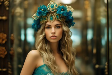 Wall Mural - a beautiful woman wearing an elaborate gold and flower crown, in the style of turquoise and azure, phoenician art, intricate costume. generative AI