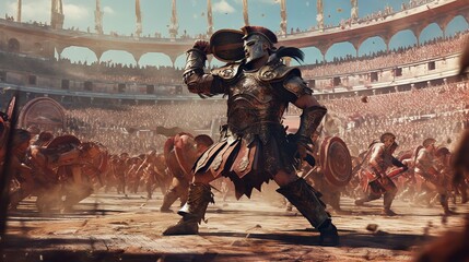 Wall Mural - a fierce gladiator attacking. An armoured roman gladiator in combat wielding a sword charging towards his enemy. Ancient Rome gladiatoral games in coliseum