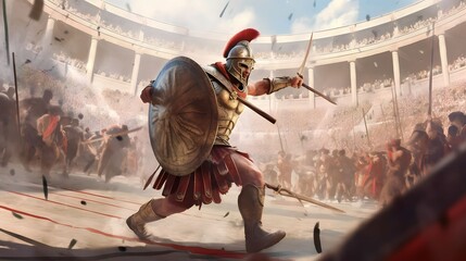 Wall Mural - a fierce gladiator attacking. An armoured roman gladiator in combat wielding a sword charging towards his enemy. Ancient Rome gladiatoral games in coliseum