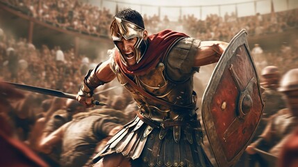 Wall Mural - a fierce gladiator attacking. An armoured roman gladiator in combat wielding a sword charging towards his enemy. Ancient Rome gladiatoral games in coliseum