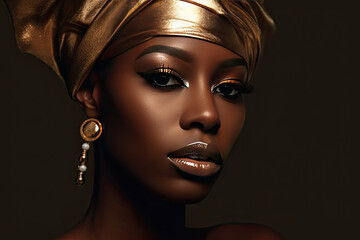 Poster - an african woman with gold makeup and head wraps, looking at the camera she is wearing a golden turba