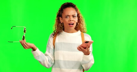 Aufkleber - Shock, surprise face and woman with phone on green screen for notification, announcement and news. Gossip, what and portrait of female person with wtf reaction for social media, internet and online