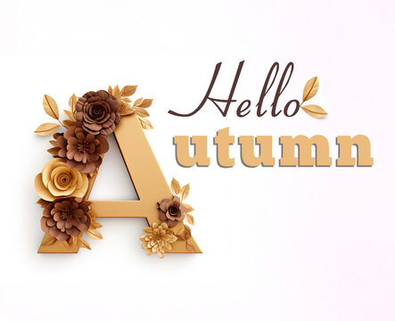 Greetung tect Hallo Autumn, letter A decorated with paper flowers. Generative AI.