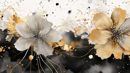 An abstract floral background in black and gold on white background. Generative AI. 