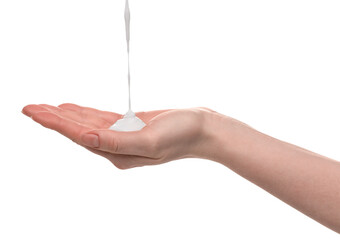 Pouring shower gel onto woman's hand on white background, closeup