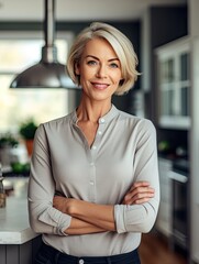 Wall Mural - Confident stylish mature mid aged woman standing at her modern home kitchen. Mature businesswoman, blond lady executive business leader manager looking at camera arms crossed,