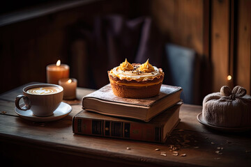 a pumpkin pie on top of a stack of books with a cup of coffee in the background is a candle