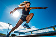 © MVProductions - Young woman jumping over obstacles on an athletics track, Generative AI