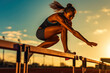 Young woman jumping over obstacles on an athletics track, Generative AI