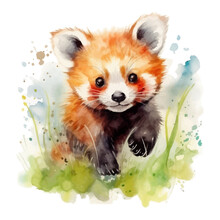 Cute Baby Red Panda Cartoon In Watercolor Painting Style