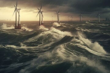 wind farm on sea during storm