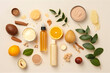 Flat lay beauty skin care ingredients, accessories. Natural beauty products on a light background, top view generative ai