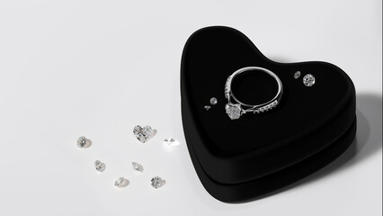 Poster - A 3D render design white gold diamond ring is placed on a black velvet jewelry box with various sizes of diamonds on the floor. heart shape diamond