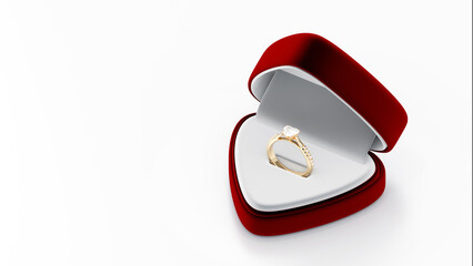 Poster - Gold diamond ring 3D render design, housed in an open red velvet jewelry box on white background. heart shape diamond.