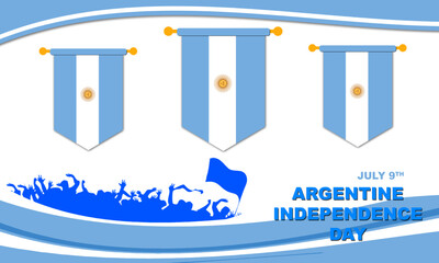 Several Argentinian flags and silhouettes of Argentinean people celebrating independence day with ribbon frames Argentinian flag pattern celebrating Argentine Independence day on July 9