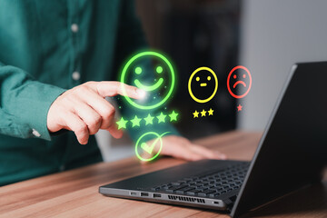 Poster - Shopper hand touching the virtual screen on the happy smile face icon for assessment feedback review satisfaction opinion and testimonial. Customer service experience and business satisfaction survey.