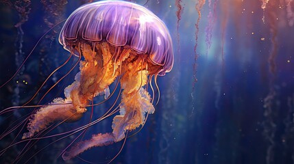 a close-up of a colorful jellyfish swimming, detailed and realistic, generative ai