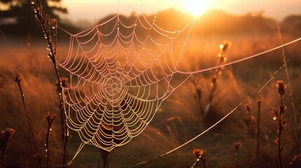 dew-covered spider web against a morning sunrise, detailed and realistic, generative ai