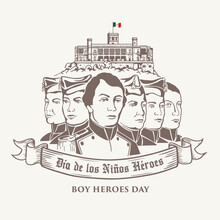 VECTORS. Editable Banner For Boys Heroes Day In Mexico, September 13. Military Cadets, Chapultepec Castle
