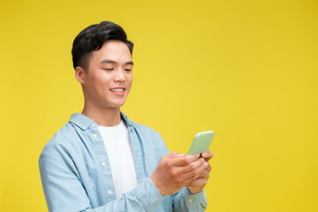 Wall Mural - Portrait young Asian man handsome in formal shirt using smartphone trading or chatting