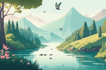 vector background illustration inspired by nature, landscape with mountains, a flowing river, and lush greenery. trees, birds, or butterflies