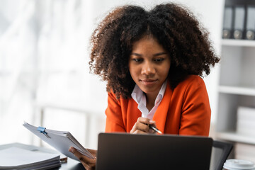 Wall Mural - African American realtor working at desk, Housing estate, Vacancy, Prime location, Description of project, Infrastructure, Agency Agreement, Appraisal Price, Electricity Meter and Deposit, Low Rise