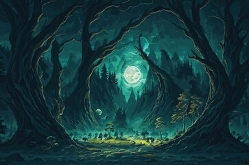 vector background illustration that depicts a nocturnal adventure in the wilderness. dark greens and forest illuminated by moonlight. towering trees, mysterious wildlife, and a winding path